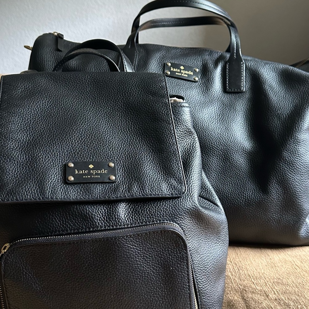 Kate spade black leather gold hardware duffle and backpack like new
